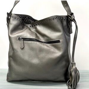LAGGO Metallic Pewter Leather Hobo Bag with Tassel